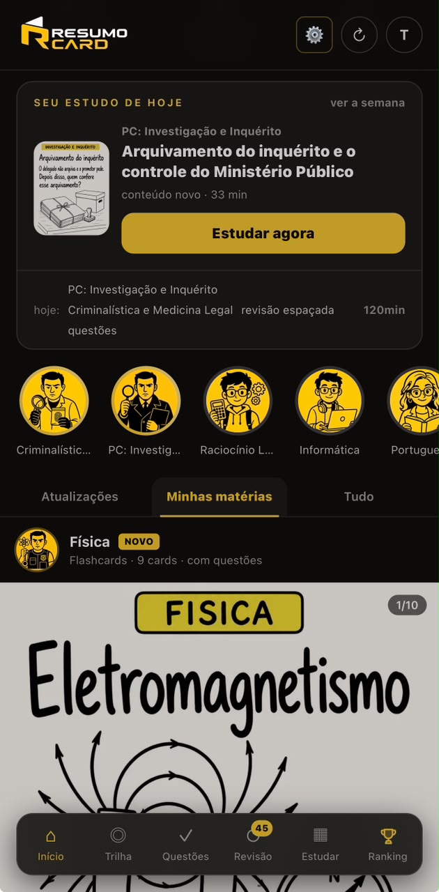 Tela inicial do RESUMO CARD com o estudo do dia
