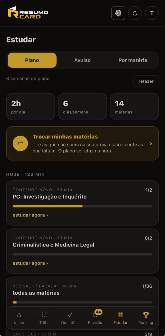 Plano de estudo com horas por dia e matérias