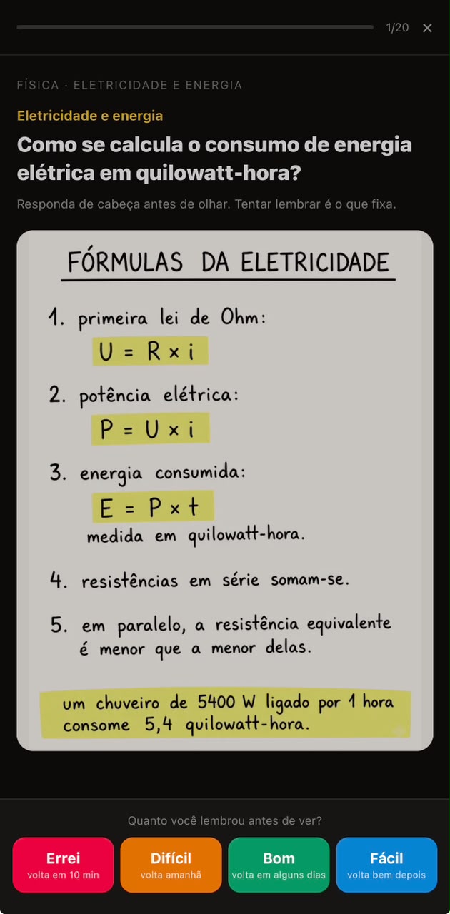 Revisão espaçada com as opções errei, difícil, bom e fácil